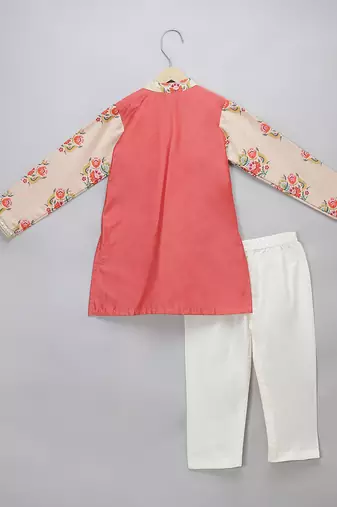 Peach printed cotton silk Boy's Kurta Pyjama