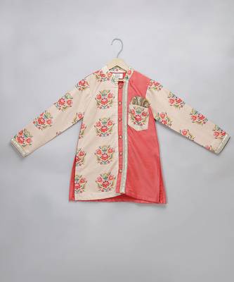 Peach printed cotton silk Boy's Kurta Pyjama 3