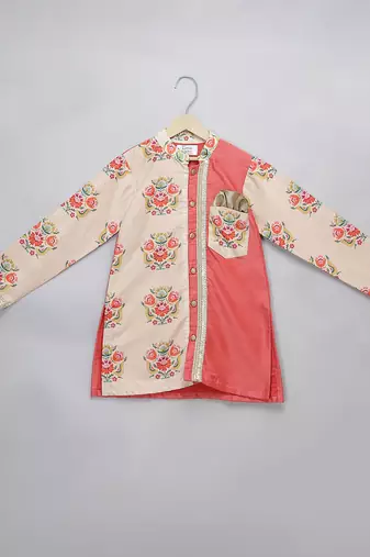 Peach printed cotton silk Boy's Kurta Pyjama