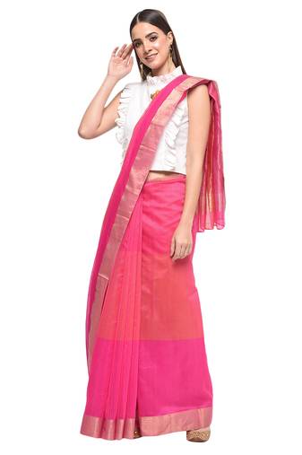 Pink chanderi hand woven saree with blouse pc