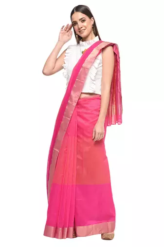 Pink chanderi hand woven saree with blouse pc