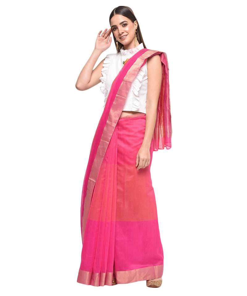 Pink chanderi hand woven saree with blouse pc