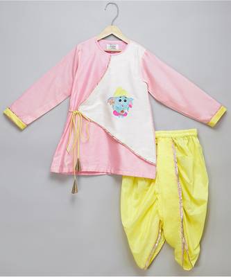 Pink printed cotton silk Boy's Kurta Pyjama 1