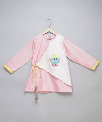 Pink printed cotton silk Boy's Kurta Pyjama 3