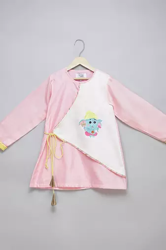 Pink printed cotton silk Boy's Kurta Pyjama
