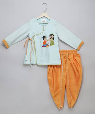 Blue printed cotton silk Boy's Kurta Pyjama 1