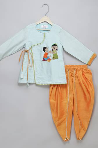 Blue printed cotton silk kurta pyjama