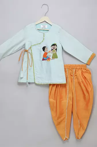 Blue printed cotton silk kurta pyjama