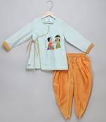 Blue printed cotton silk kurta pyjama