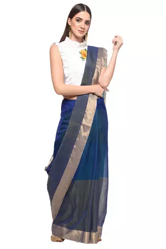 Dark blue chanderi hand woven saree with blouse pc