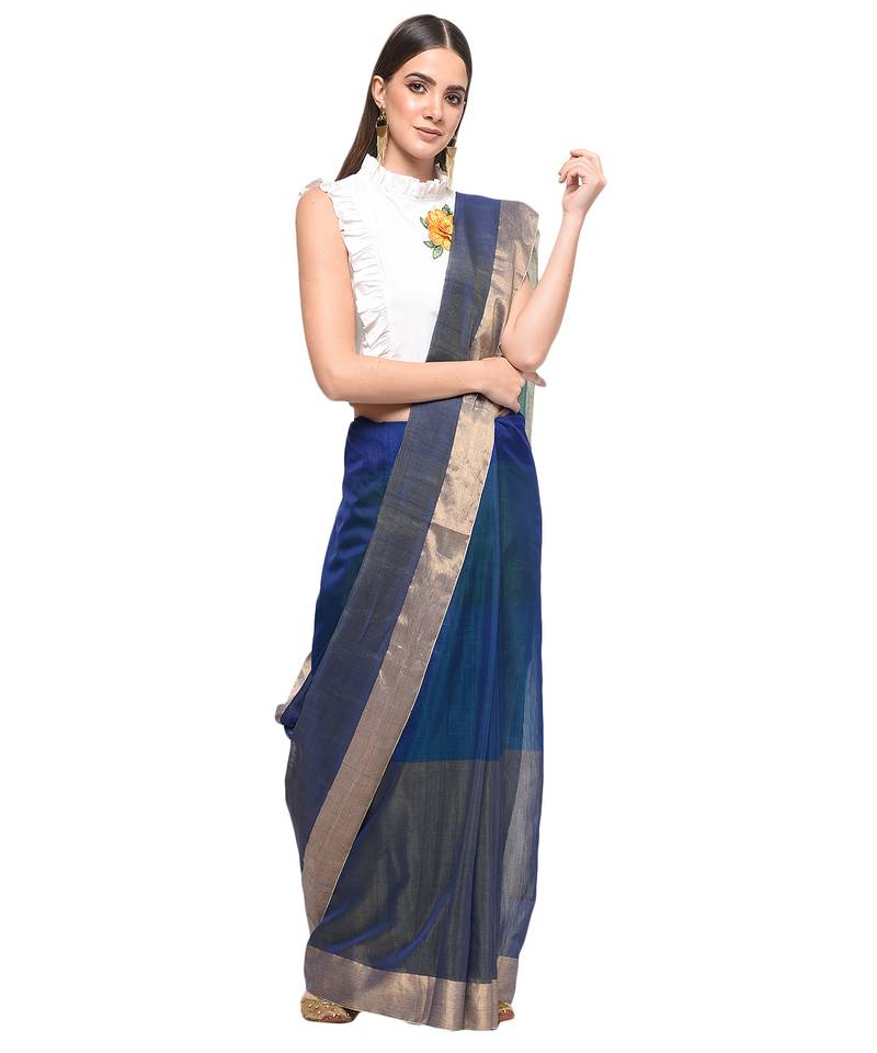 Dark blue chanderi hand woven saree with blouse pc