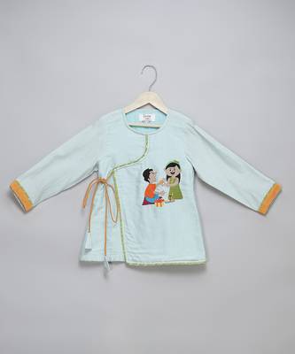Blue printed cotton silk Boy's Kurta Pyjama 3