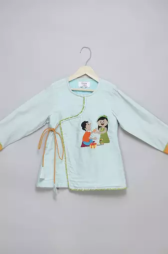 Blue printed cotton silk Boy's Kurta Pyjama