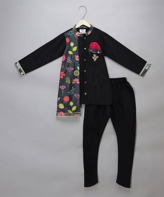 Black printed cotton silk Boy's Kurta Pyjama 1