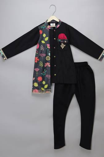 Black printed cotton silk kurta pyjama