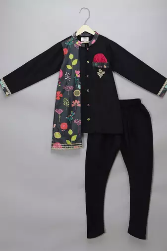 Black printed cotton silk kurta pyjama