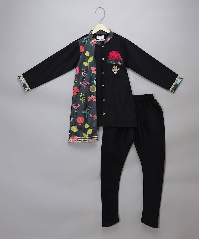 Black printed cotton silk kurta pyjama
