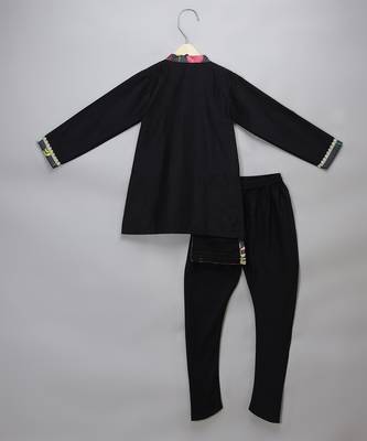 Black printed cotton silk Boy's Kurta Pyjama 2