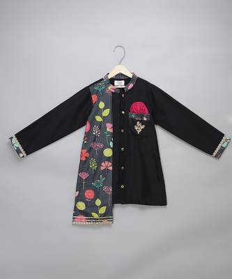 Black printed cotton silk Boy's Kurta Pyjama 3