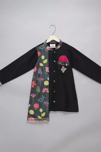 Black printed cotton silk kurta pyjama