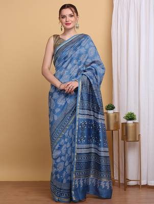 Blue chanderi cotton silk block print saree 1