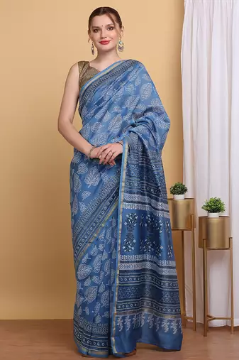 Blue chanderi cotton silk block print saree
