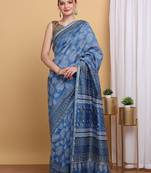Blue chanderi cotton silk block print saree