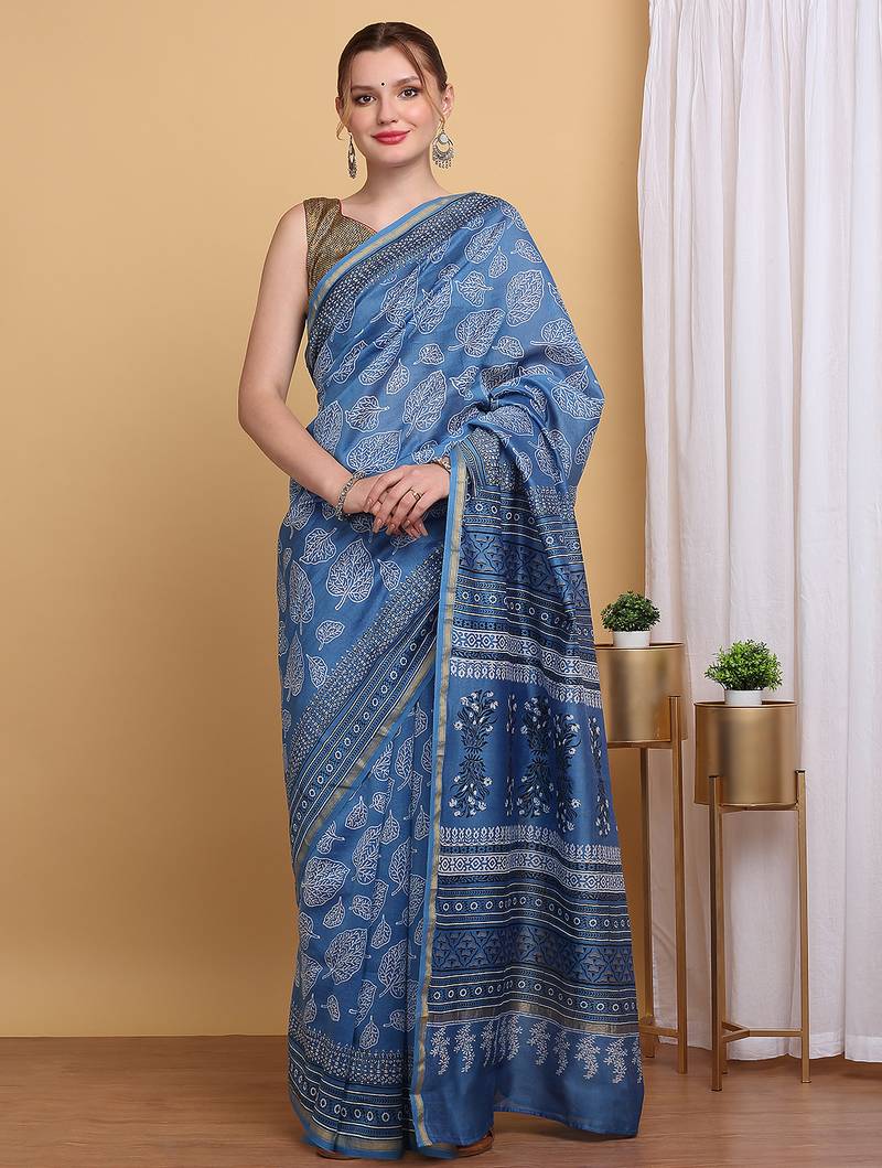Blue chanderi cotton silk block print saree