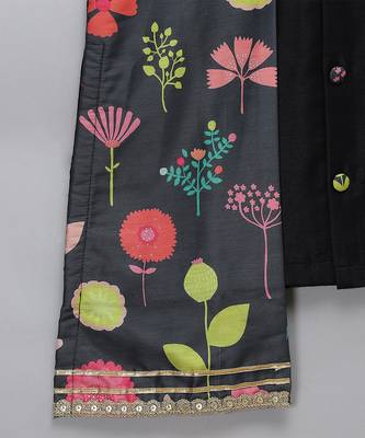 Black printed cotton silk Boy's Kurta Pyjama 5