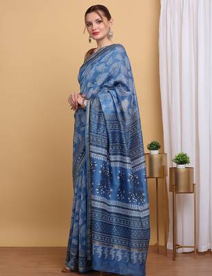 Blue chanderi cotton silk block print saree 2