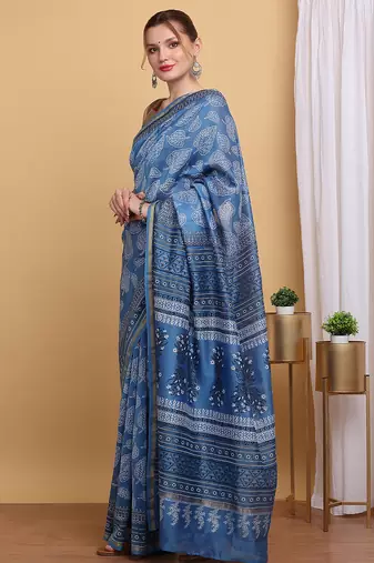 Blue chanderi cotton silk block print saree