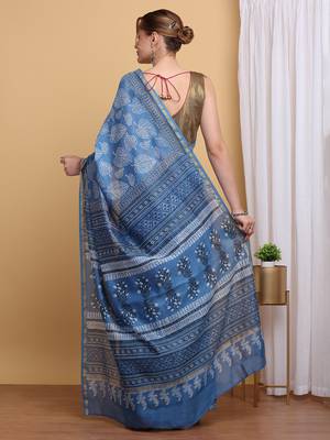 Blue chanderi cotton silk block print saree 3
