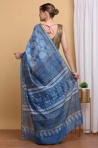 Blue chanderi cotton silk block print saree