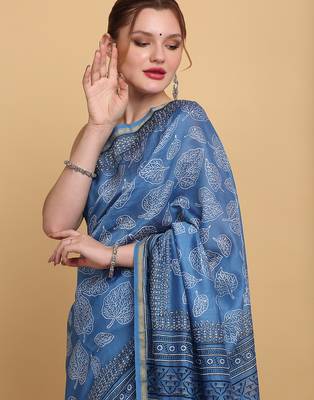 Blue chanderi cotton silk block print saree 4