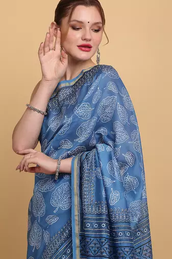 Blue chanderi cotton silk block print saree