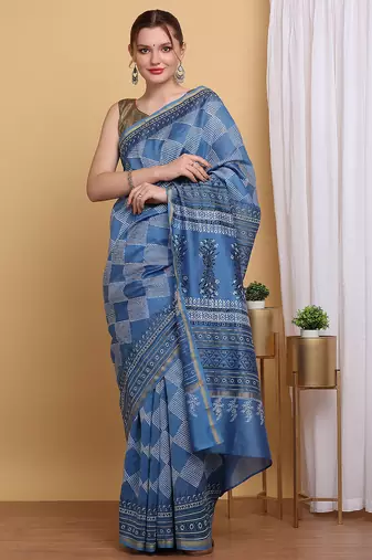 Blue chanderi cotton silk block print saree