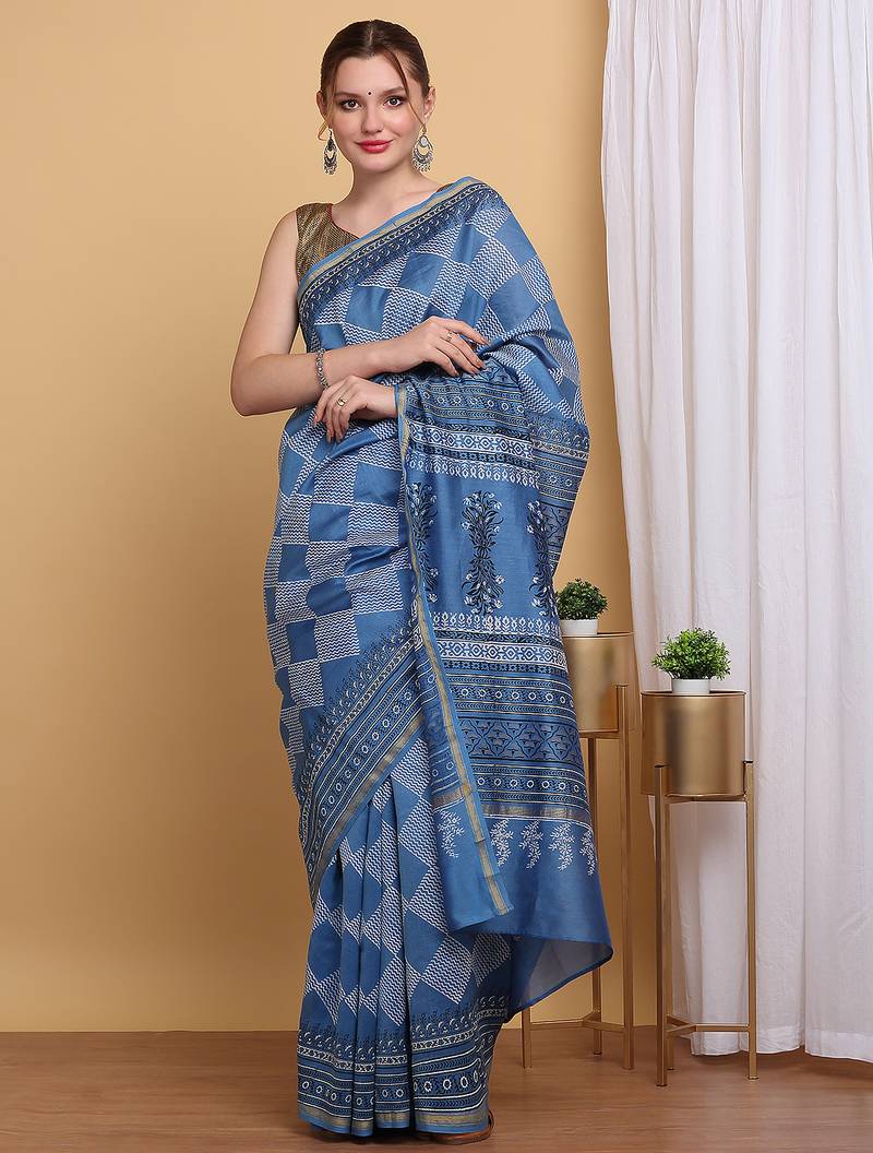 Blue chanderi cotton silk block print saree