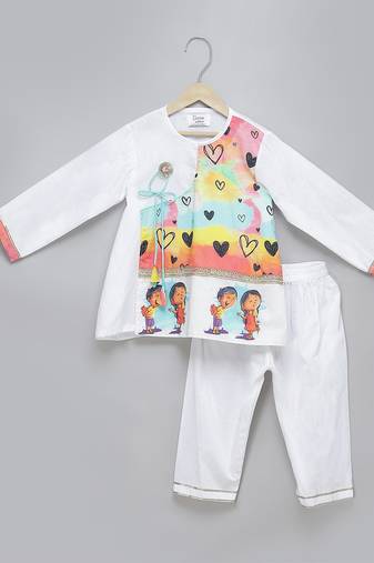 White printed cotton silk kurta pyjama