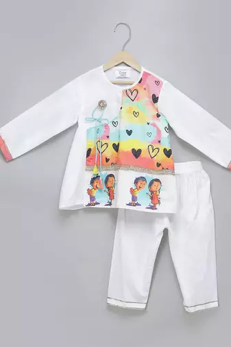 White printed cotton silk kurta pyjama