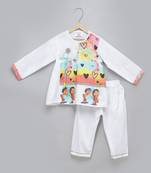 White printed cotton silk kurta pyjama