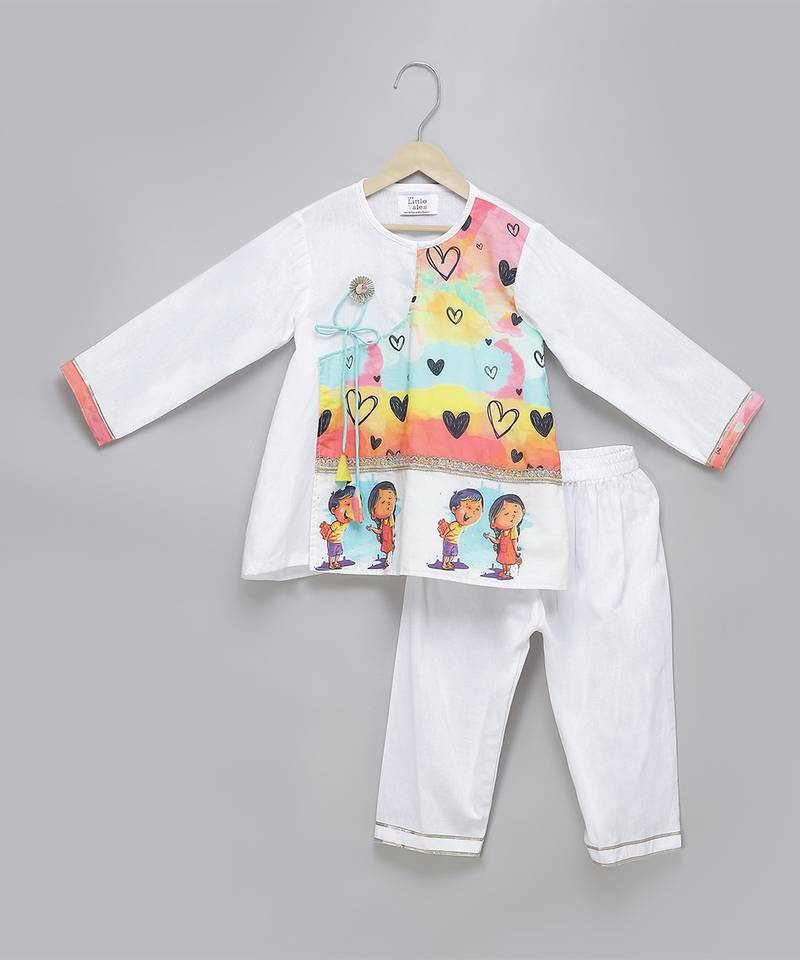 White printed cotton silk kurta pyjama