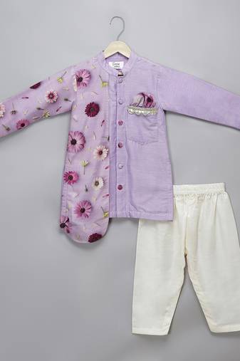 Purple printed cotton silk kurta pyjama