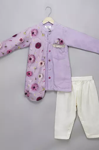 Purple printed cotton silk kurta pyjama