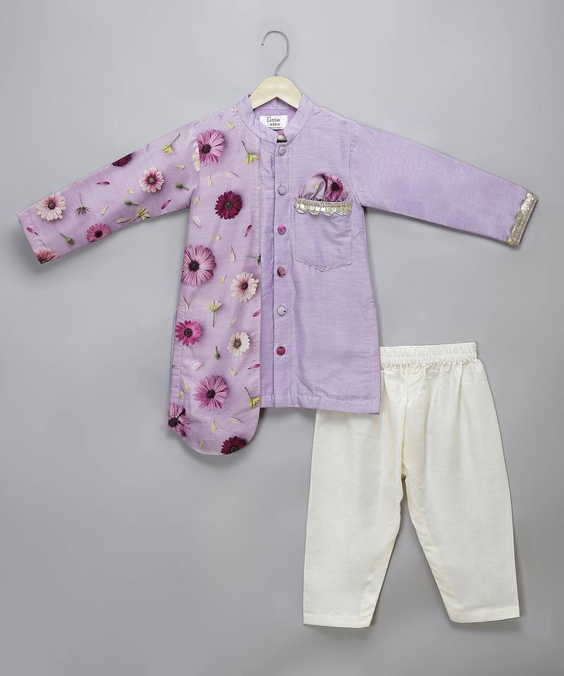 Purple printed cotton silk kurta pyjama