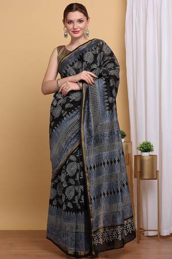 Black chanderi cotton silk block print saree