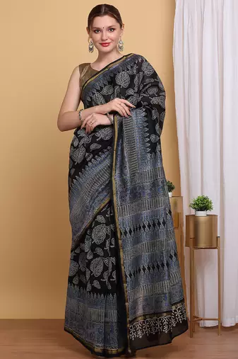 Black chanderi cotton silk block print saree