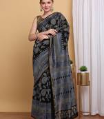 Black chanderi cotton silk block print saree