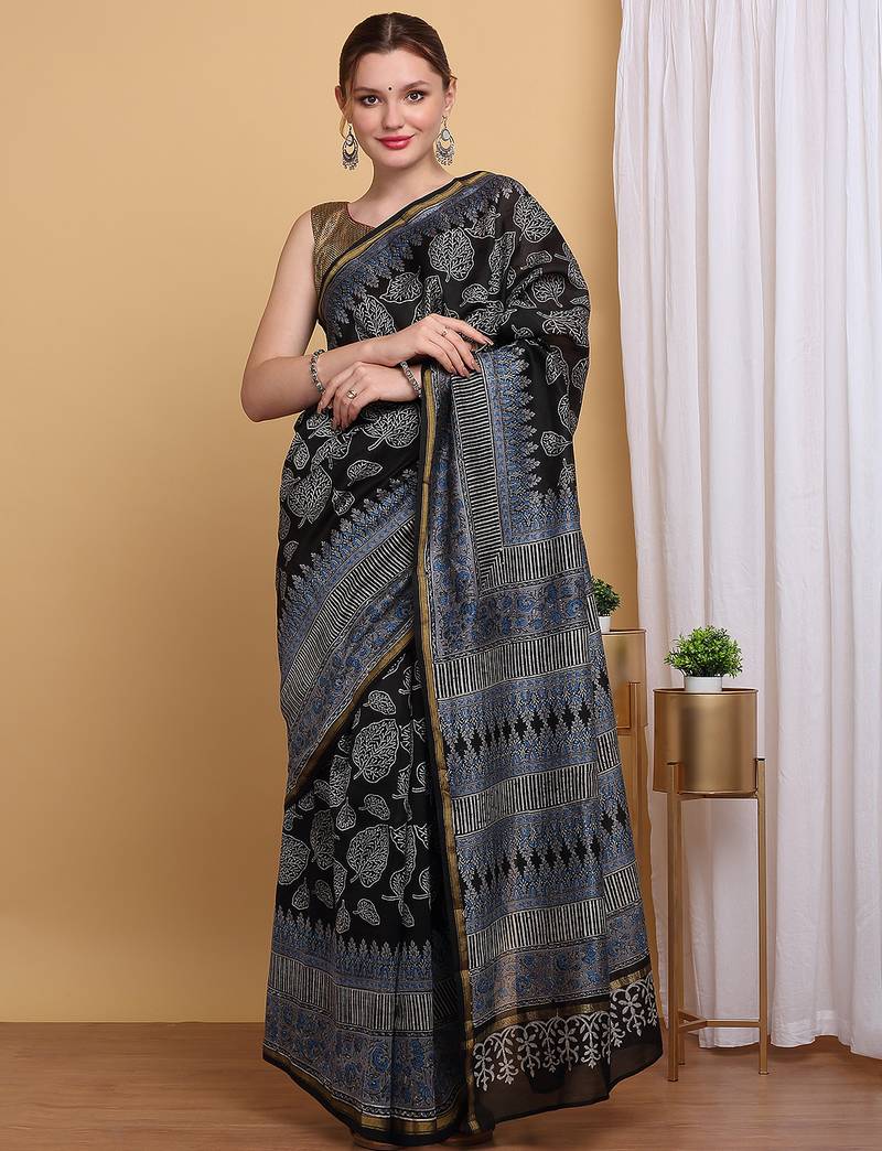 Black chanderi cotton silk block print saree