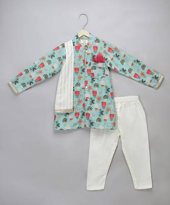 Blue printed cotton silk Boy's Kurta Pyjama 1