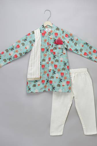 Blue printed cotton silk kurta pyjama